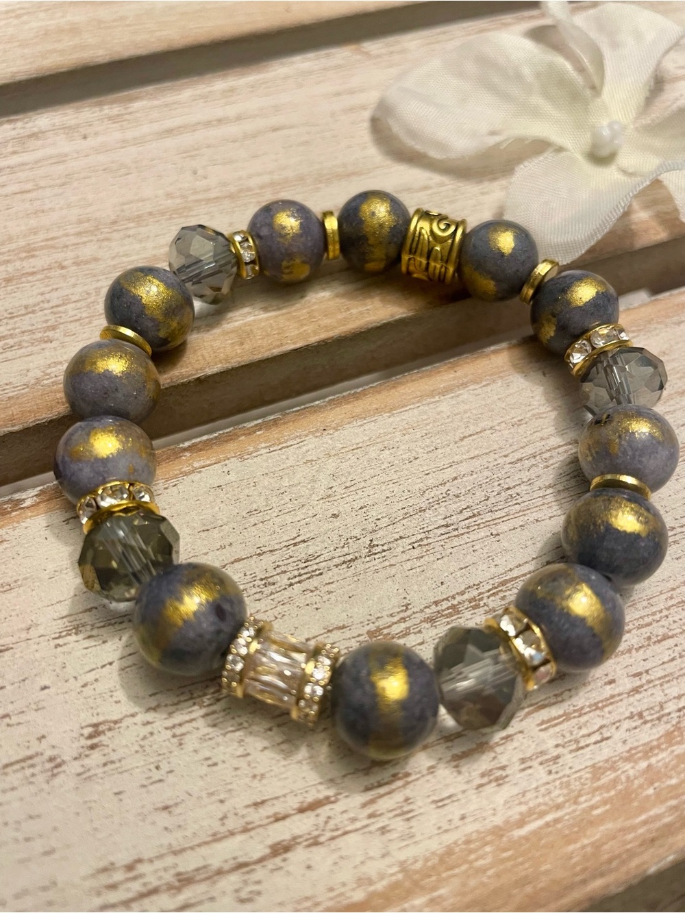 Gray and Gold Jade 10mm Bracelet with CZ Baguette Accent and Crystal, handmade